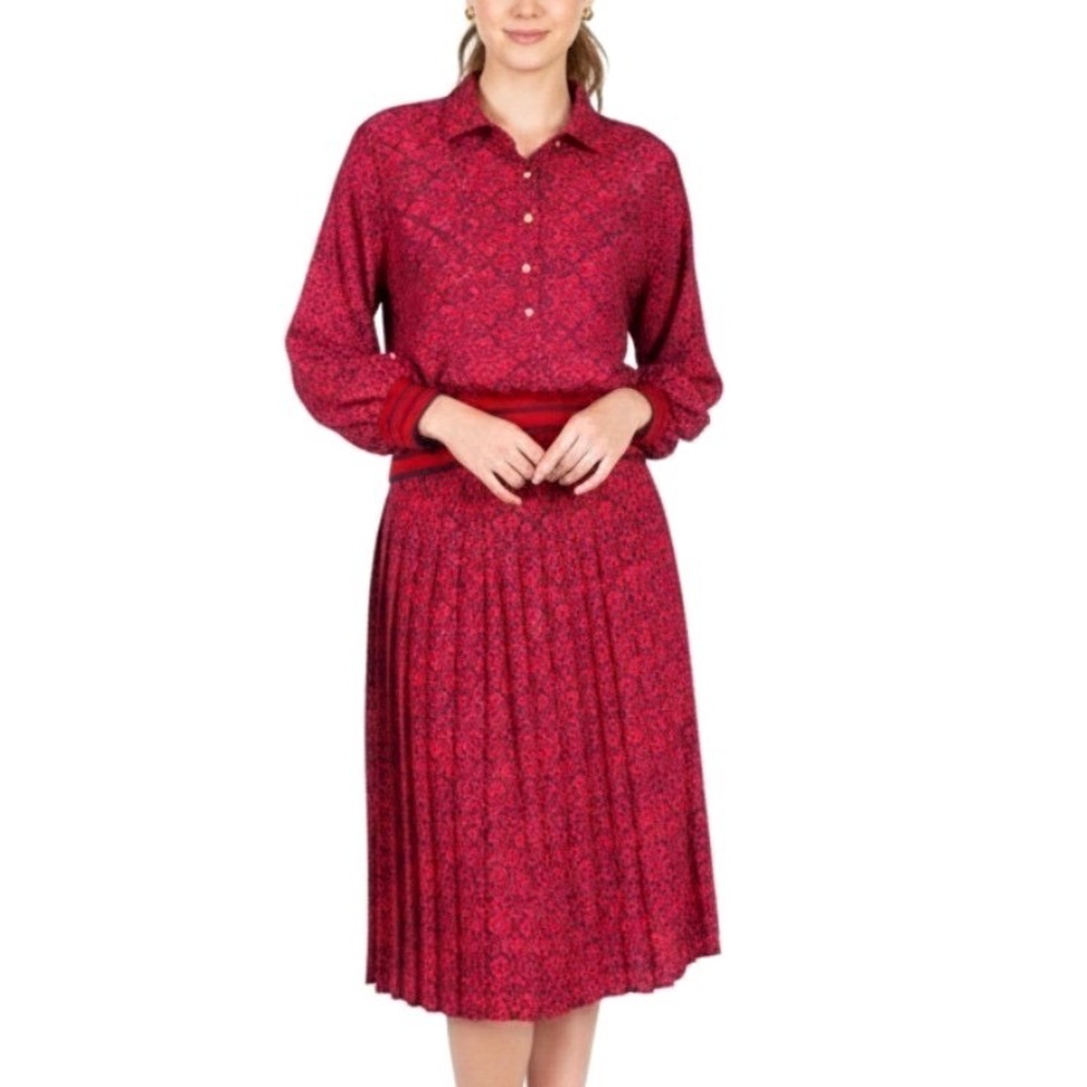 Vtg Schrader RED & NAVY BLUE Print Dress Set Banded Hem Top & Pleated Skirt 8-P